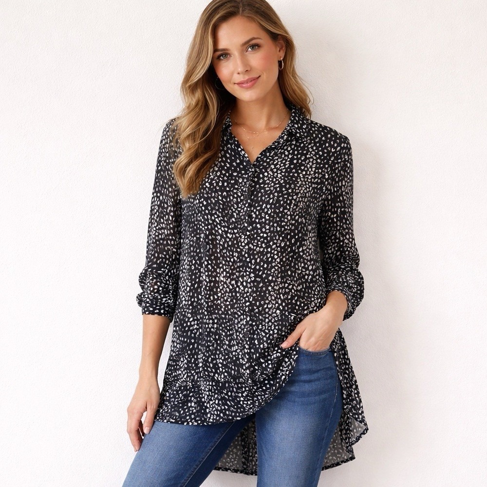 Lisa Bayne Crinkle Tunic‎ Top Womens S Black Black Cheetah Sheer Hi Low Abstract